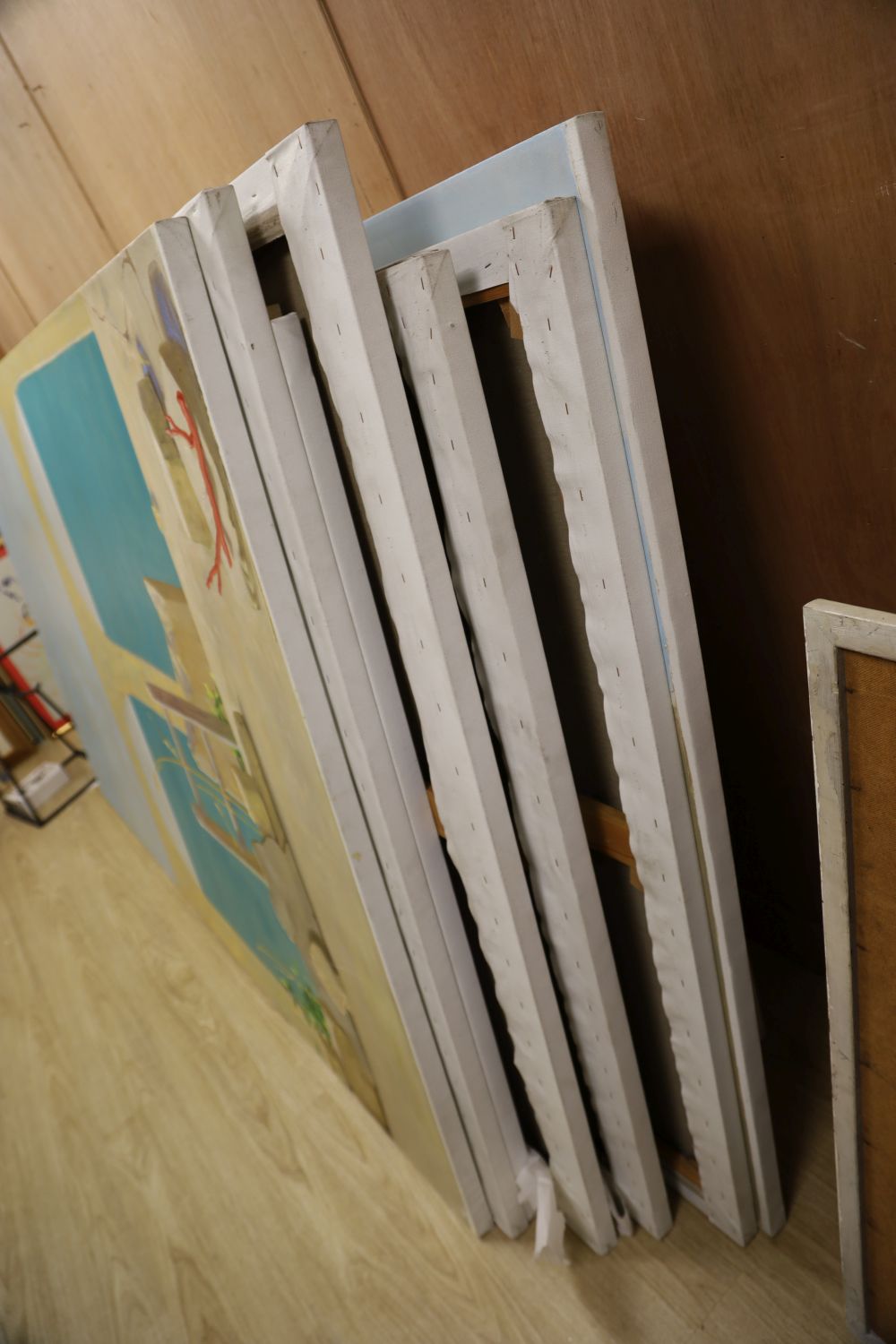 Fourteen large oils on canvas, panels to decorate a stage backdrop or other large interior, approximately 247 x 148cm,unframed